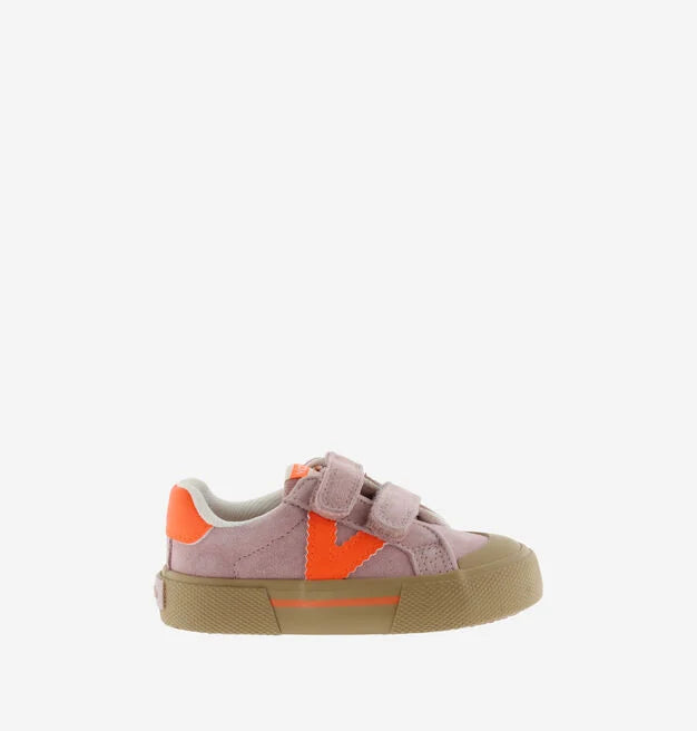 Victoria – Tribu Wide Fit Split Leather & Contrast Kids Sneakers in Pink/Orange