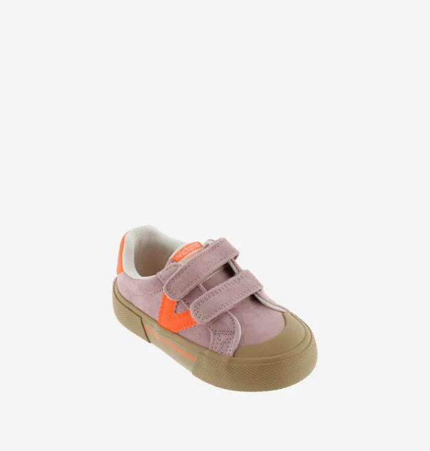 Victoria – Tribu Wide Fit Split Leather & Contrast Kids Sneakers in Pink/Orange