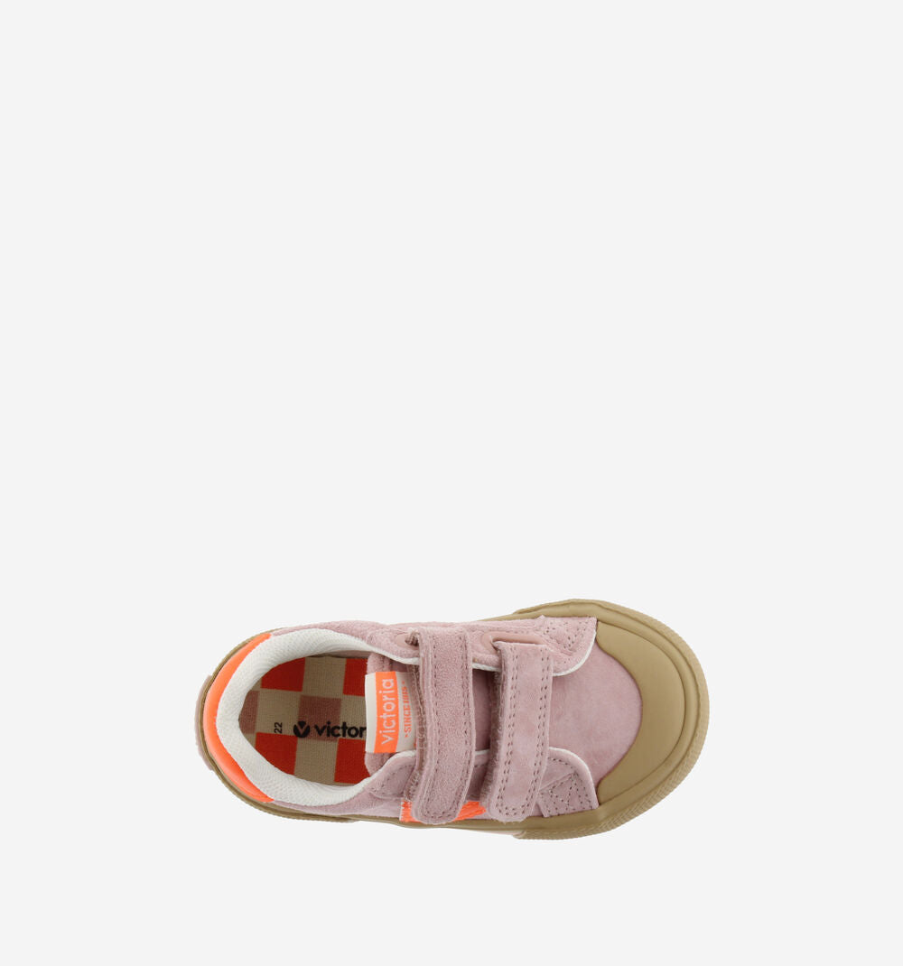 Victoria – Tribu Wide Fit Split Leather & Contrast Kids Sneakers in Pink/Orange