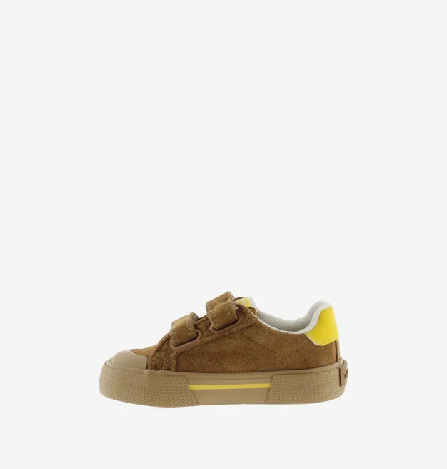 Victoria – Tribu Wide Fit Split Leather & Contrast Kids Sneakers in Brown / Yellow