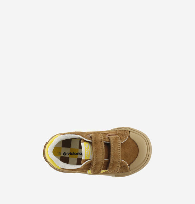 Victoria – Tribu Wide Fit Split Leather & Contrast Kids Sneakers in Brown / Yellow