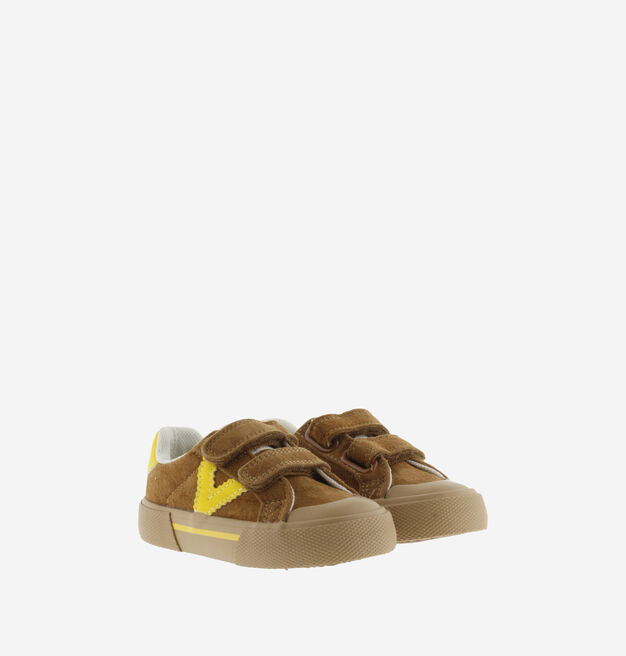 Victoria – Tribu Wide Fit Split Leather & Contrast Kids Sneakers in Brown / Yellow