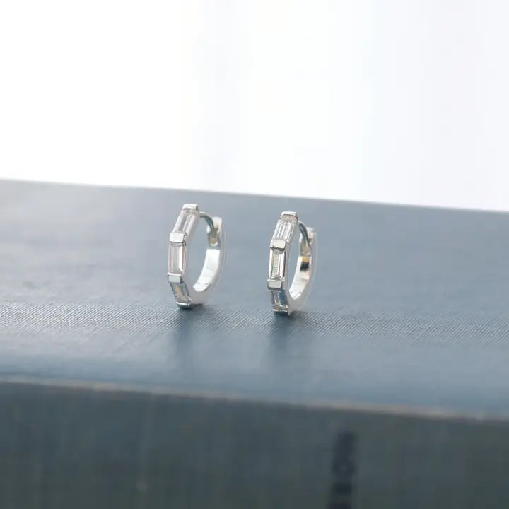Kris Nations – Baguette Huggie Hoop Earrings in Sterling Silver
