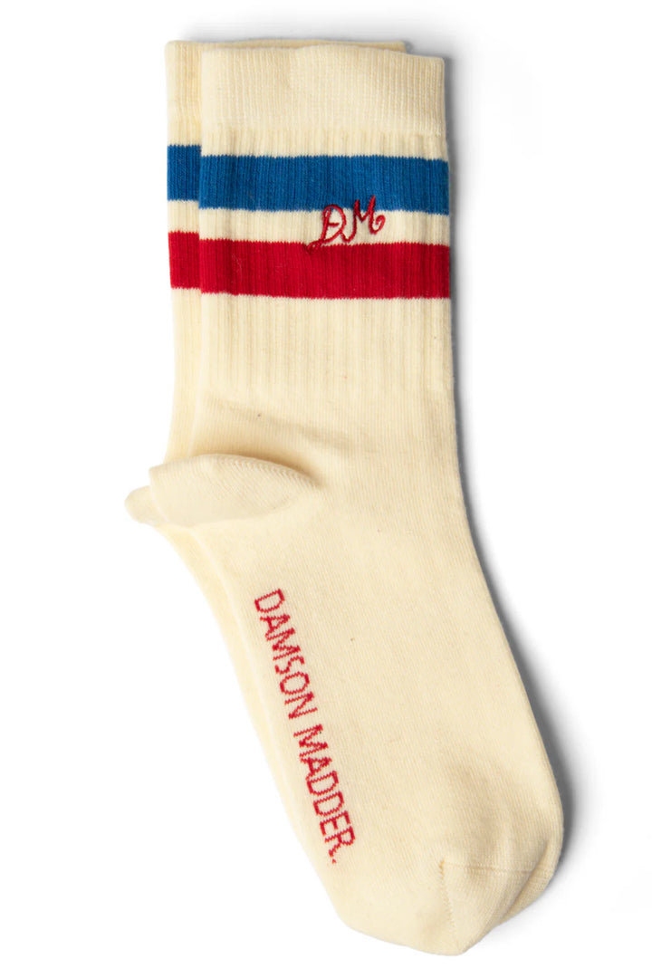 Damson Madder – Sporty Calf Length Socks in Cream, Red and Blue