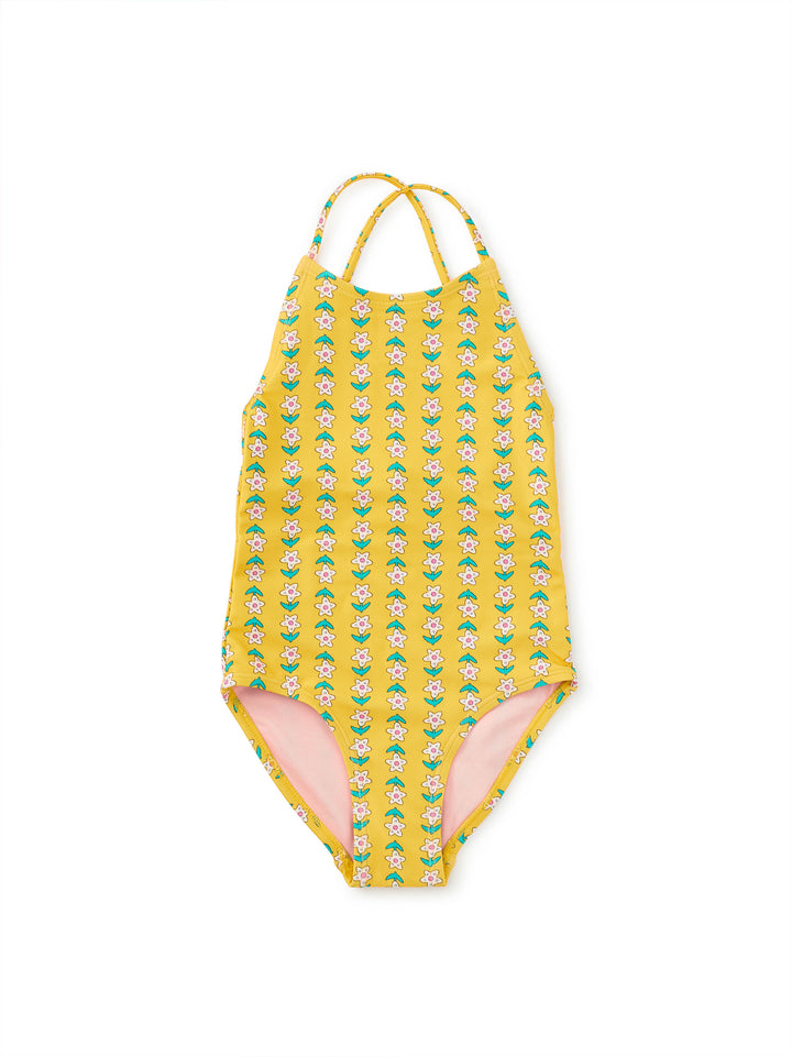 Tea Collection – Cross Back One Piece Swimsuit in Vintage Floral Tile