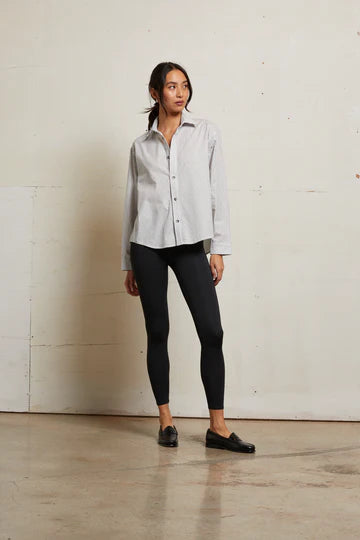 Perfect White Tee – James Cotton Poplin Button Down in Ivory/Black Stripes