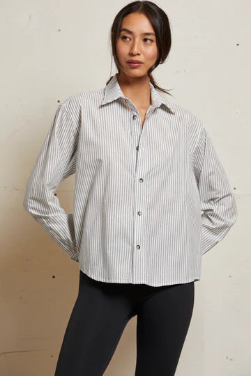 Perfect White Tee – James Cotton Poplin Button Down in Ivory/Black Stripes