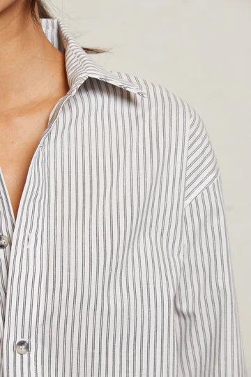 Perfect White Tee – James Cotton Poplin Button Down in Ivory/Black Stripes