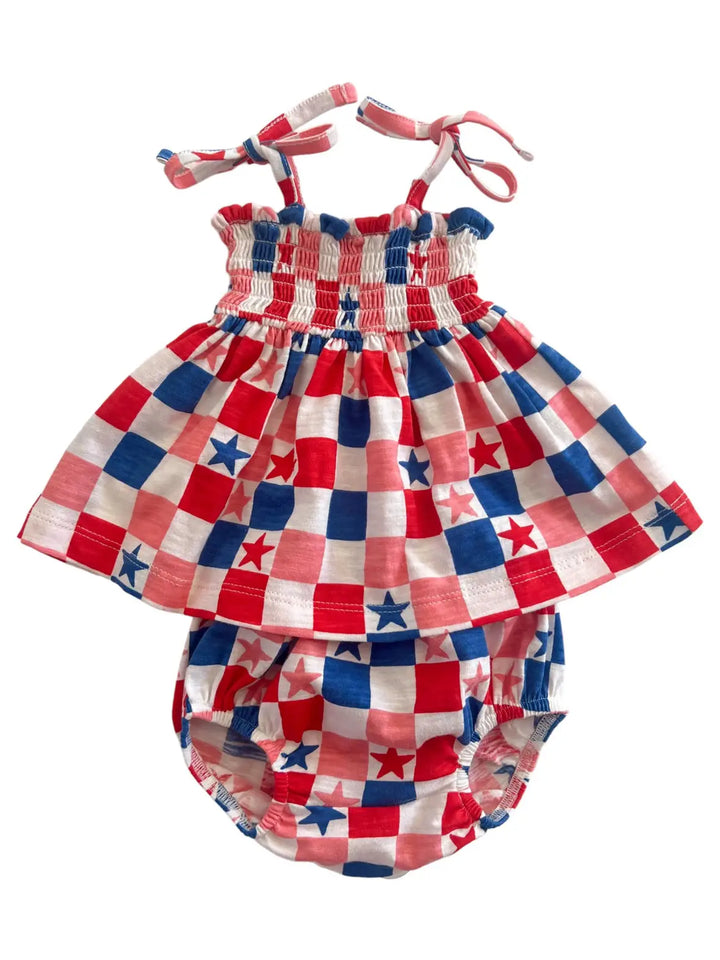 SIIX Collection- Red, White & Blue Checked Smocked Set