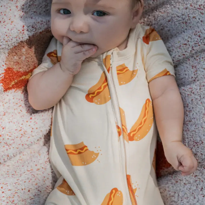 Forever French Baby - Shortie Bamboo Zip Onesie in Hot Dog