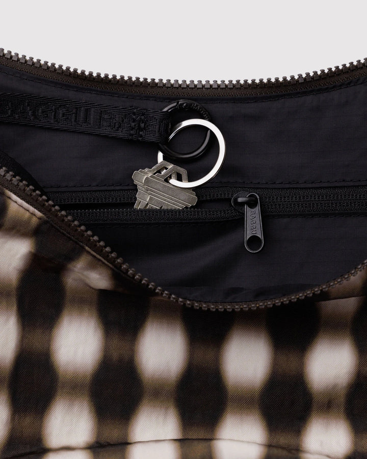 BAGGU - Medium Nylon Crescent Bag in Blurred Gingham Brown