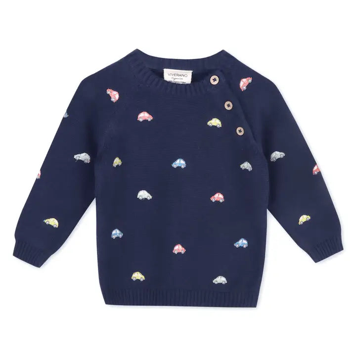 Viverano Organics – Embroidered Baby Button Cardigan in Mini Beetle Cars