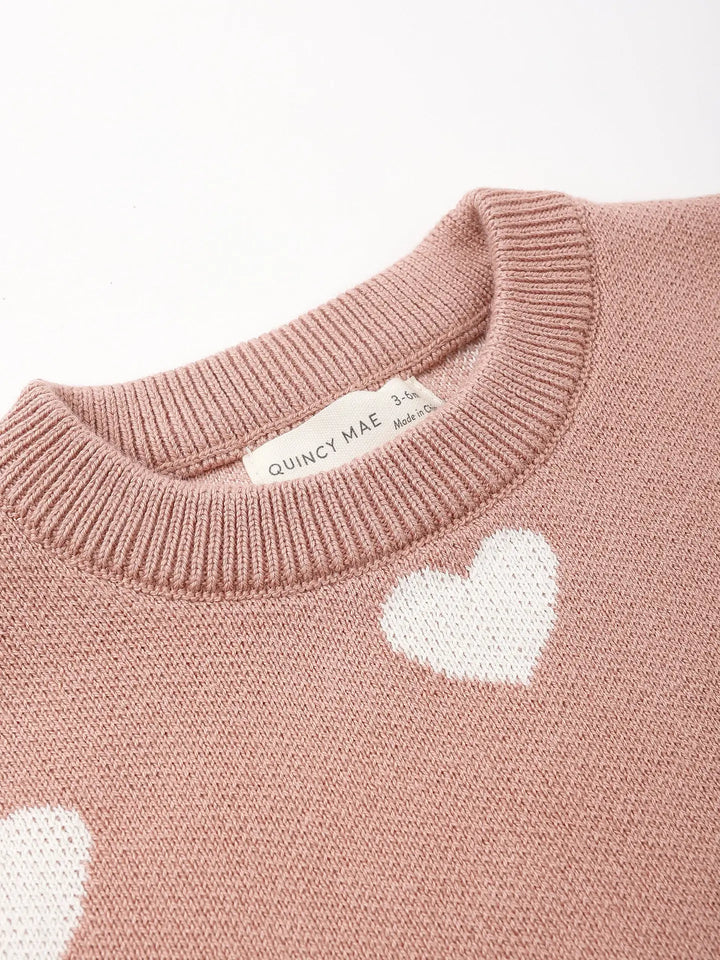 Quincy Mae – Heart Knit Sweater in Pink