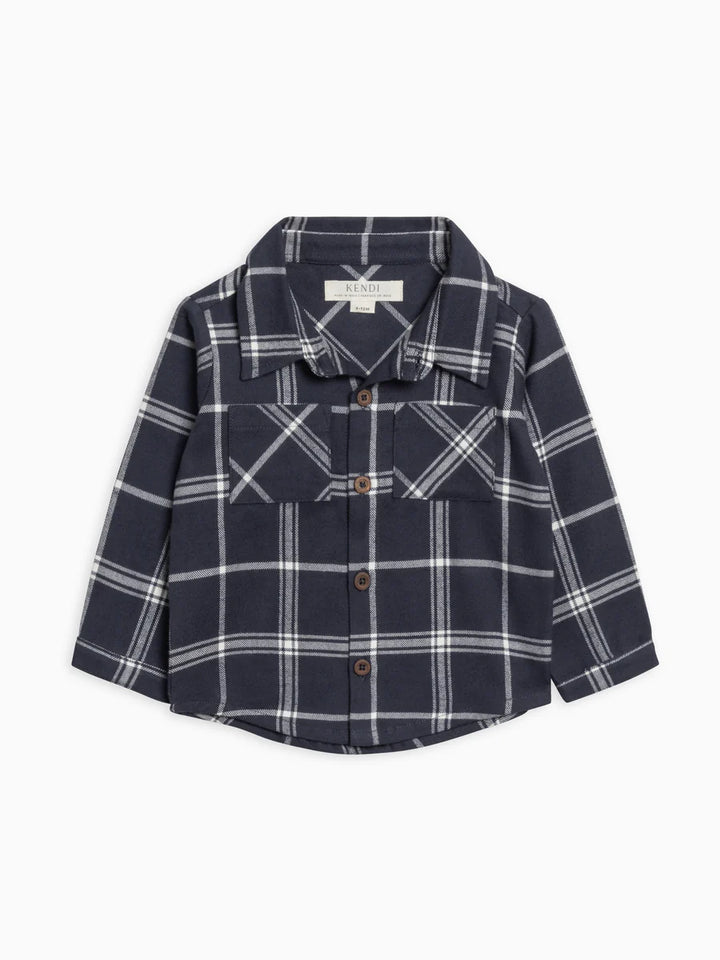 Kendi – Lev Flannel Long Sleeve Collared Shirt in Navy Plaid