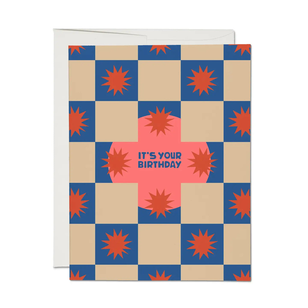 Red Cap Cards - Squares and Bursts Birthday Greeting Card