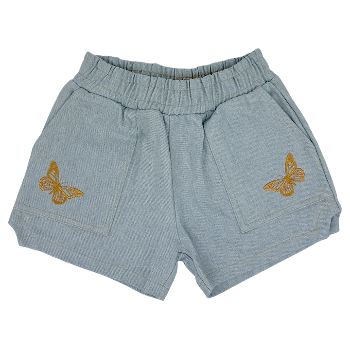 Tiny Whales – Mariposa Butterfly Shorts in Stonewash Denim