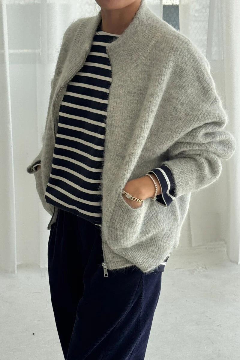 Le Bon Shoppe - Alpaca Zip Front Sweater Jacket in Light Heather Grey