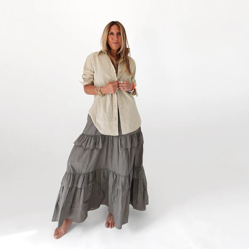 Kerri Rosenthal – Jack Linen Cotton Button Down Stripe Shirt in Oak