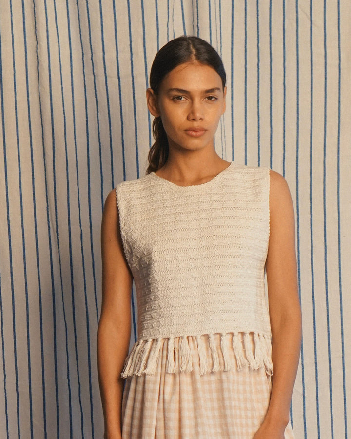 Proche - Fringe Hem Crocheted Vest in Cream