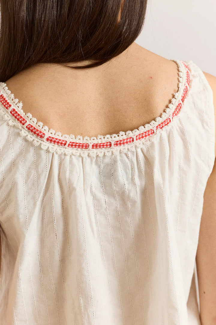 Damson Madder – Elodie Cami in White with Red Gingham Tie