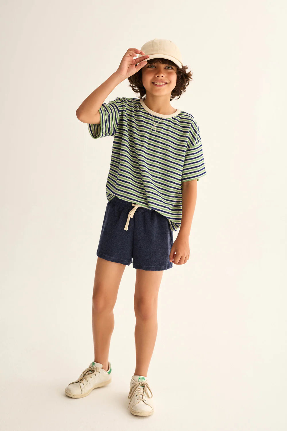 Cozmo- Enea Striped Terry T-Shirt in Blue Green