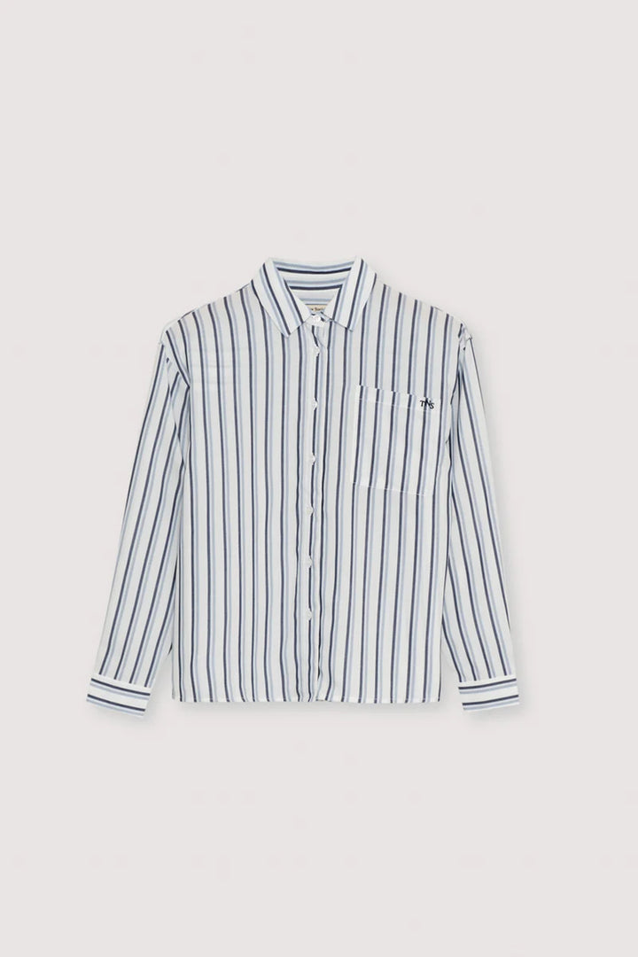 The New Society – Estela Button Down Shirt in Infinite Navy Stripes