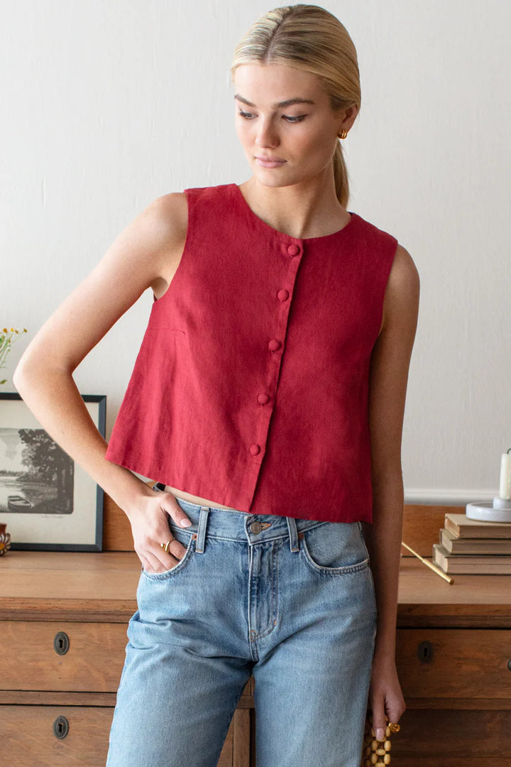 Emerson Fry - Button Front Wide Hem Linen Top in Pompeian Red