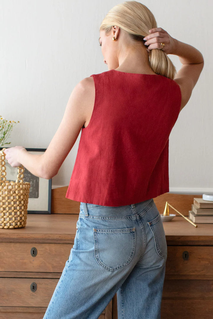Emerson Fry - Button Front Wide Hem Linen Top in Pompeian Red