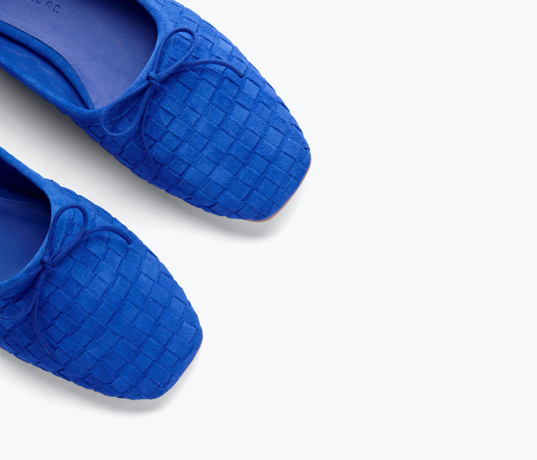 Freda Salvador – Jada Square-Toe Woven Flat in Cobalt Suede