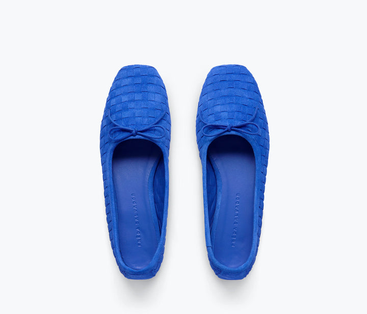 Freda Salvador – Jada Square-Toe Woven Flat in Cobalt Suede