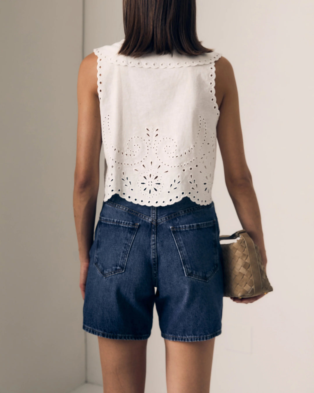 Le Jean – Embroidered Eyelet Sailor Top in White