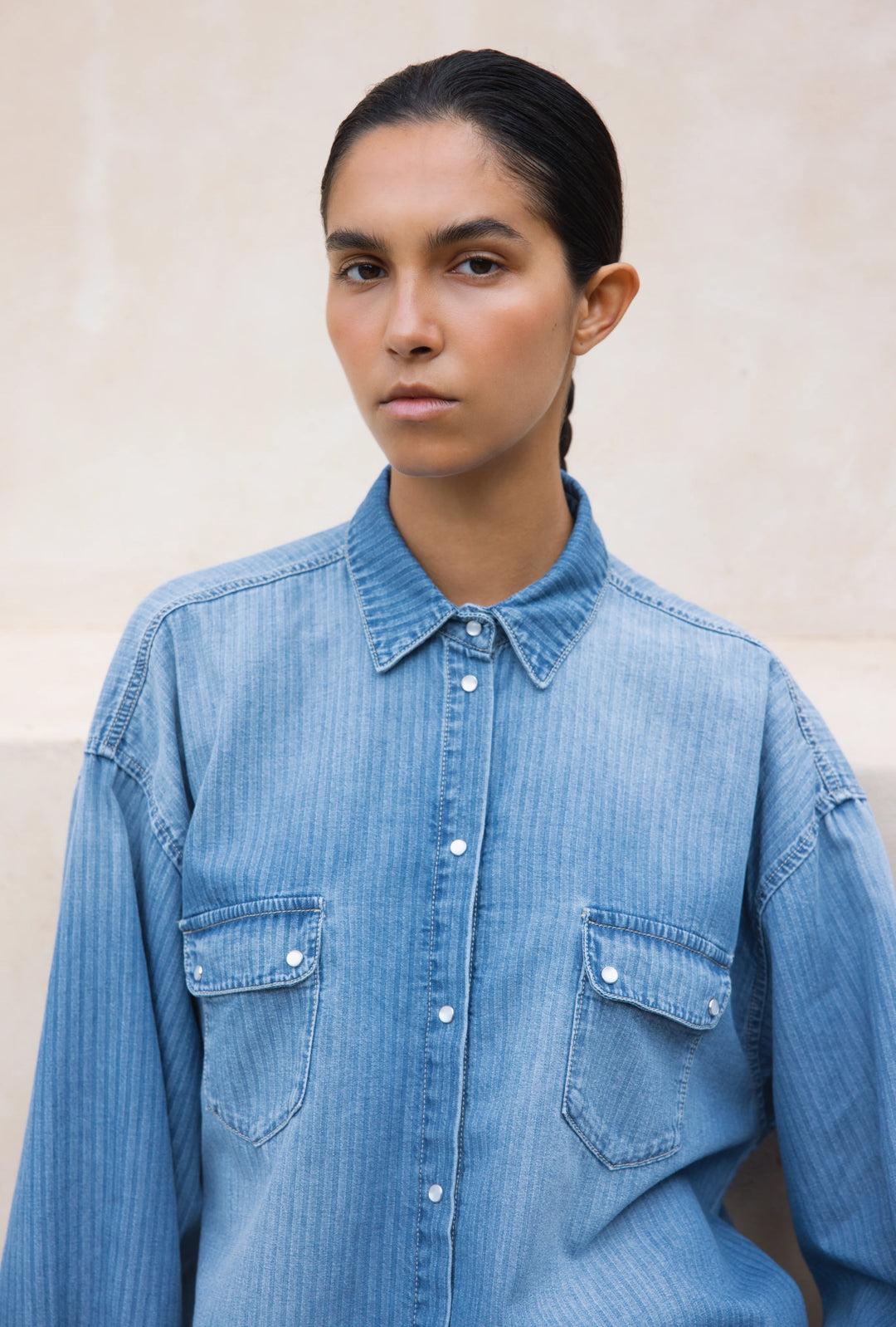 Hod - Kaitline Denim Shirt in Blue Stripe