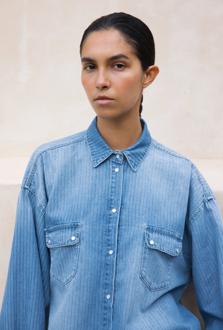 Hod - Kaitline Denim Shirt in Blue Stripe