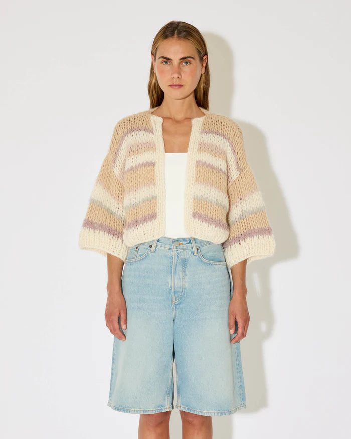 Maiami – Alpaca Short Sleeve Bomber in Creme Beige Stripes