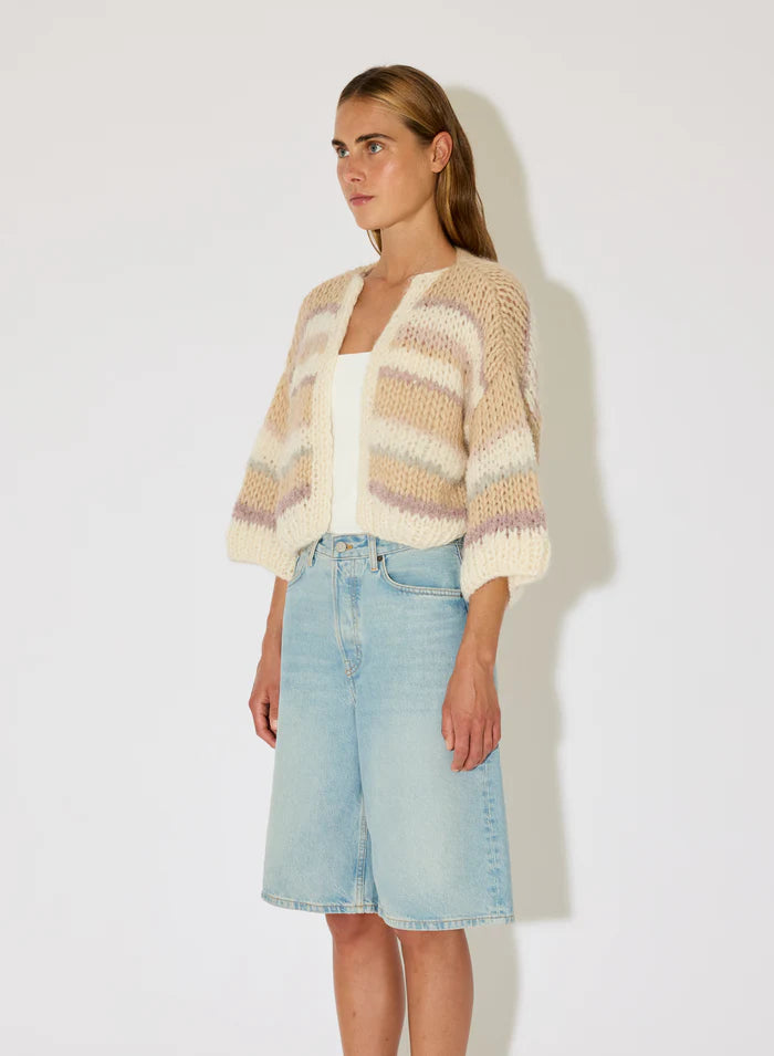 Maiami – Alpaca Short Sleeve Bomber in Creme Beige Stripes