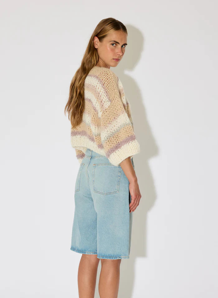 Maiami – Alpaca Short Sleeve Bomber in Creme Beige Stripes