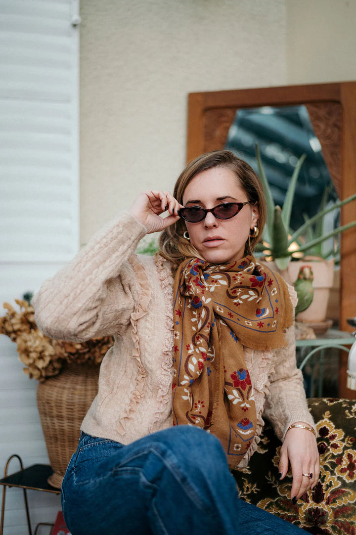 Maison Lecomte Flament – Wool Silk Blend Bandana in Secret Garden Camel