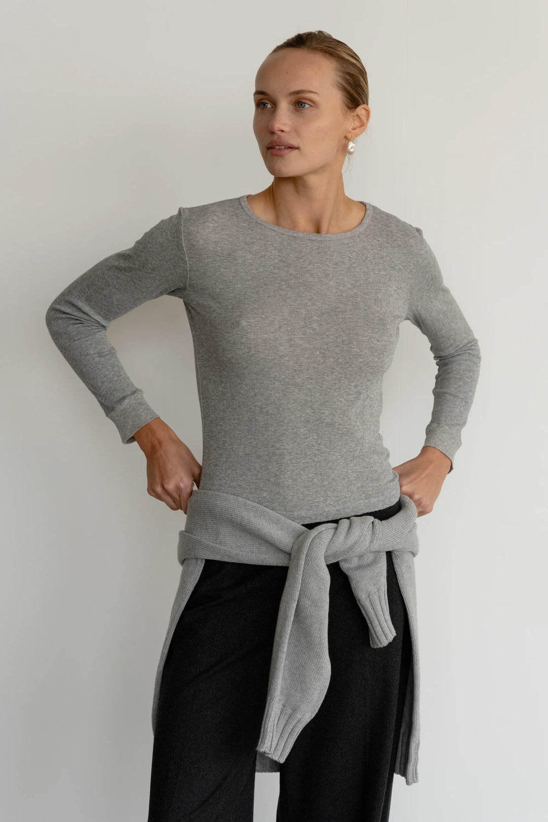 Donni - Pointelle Long Sleeve in Heather Grey
