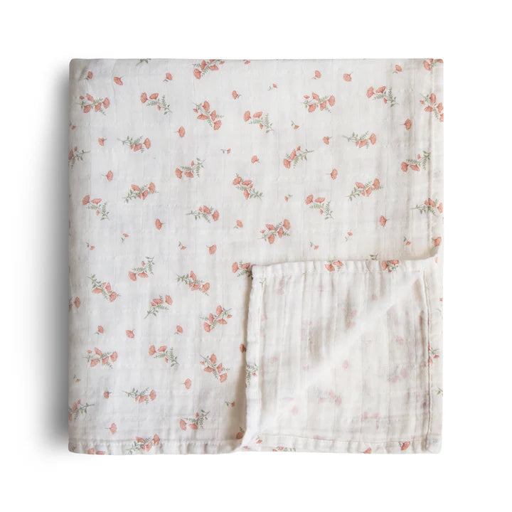 Mushie – Organic Cotton Muslin Swaddle Blanket in Pink Flowers