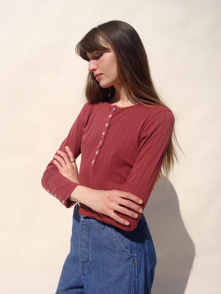 Emma Rothkopf - Long Sleeve Cotton Pointelle Henley Tee in Tomato