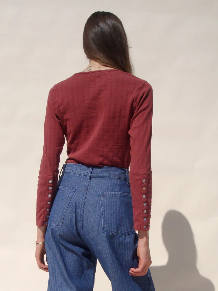 Emma Rothkopf - Long Sleeve Cotton Pointelle Henley Tee in Tomato