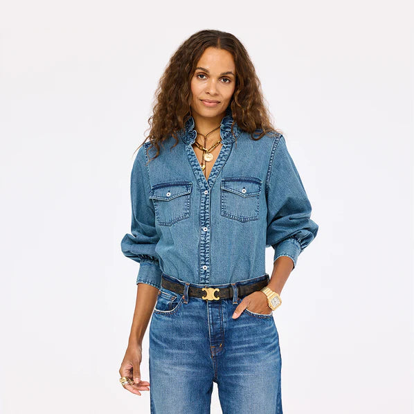 Kerri Rosenthal – Puff Sleeve Button-front Denim Shirt in True Denim