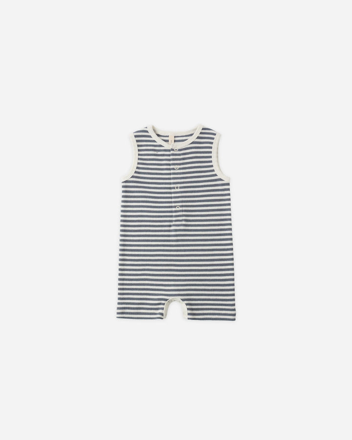 Quincy Mae – Ribbed Henley Romper in Ocean Stripe