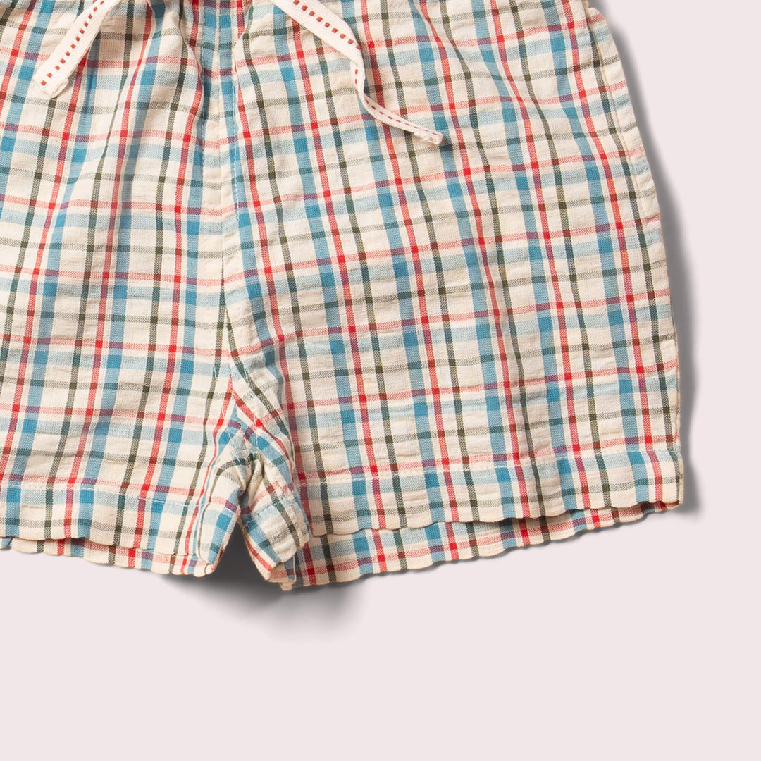 Little Green Radicals –– Checkered Seersucker Shorts in By the Sea
