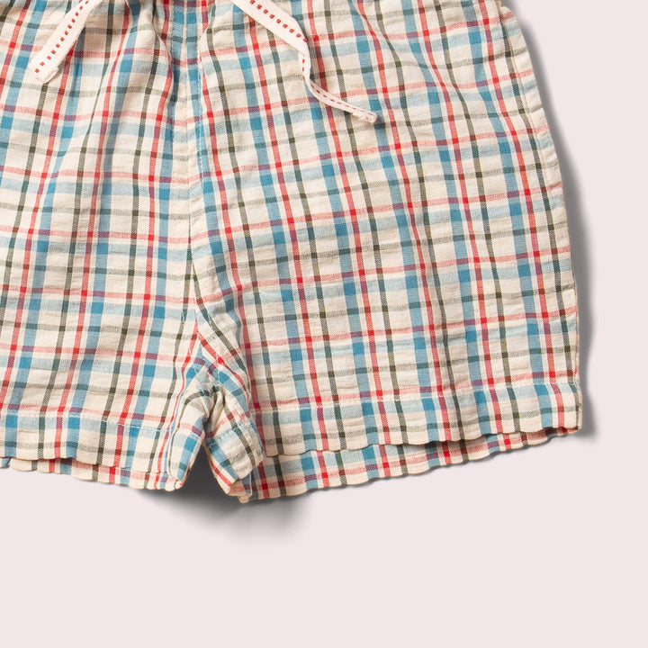 Little Green Radicals –– Checkered Seersucker Shorts in By the Sea