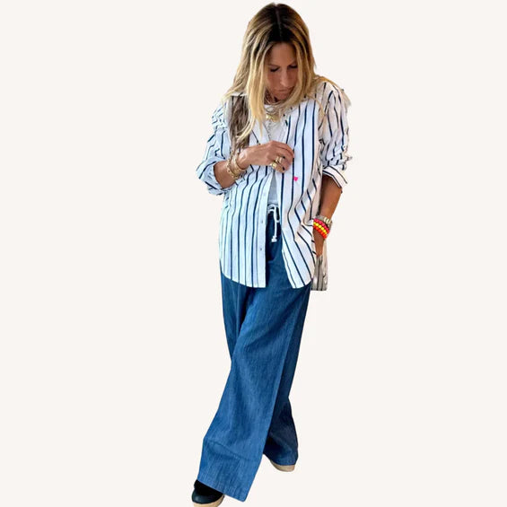 Kerri Rosenthal – Mia Mr. Sharpie Stripe Button Down in White and Indigo