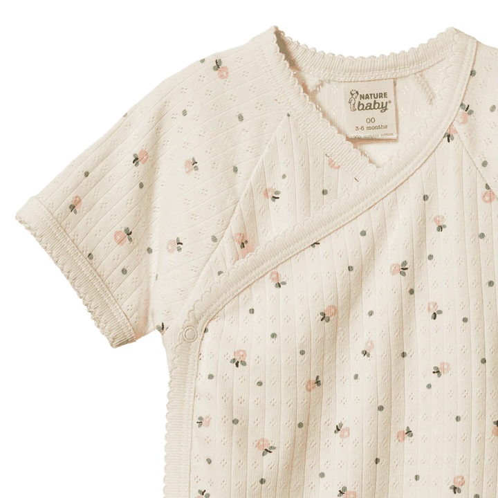 Nature Baby – Pointelle Short Sleeve Kimono Bodysuit in Posey Blossom Print