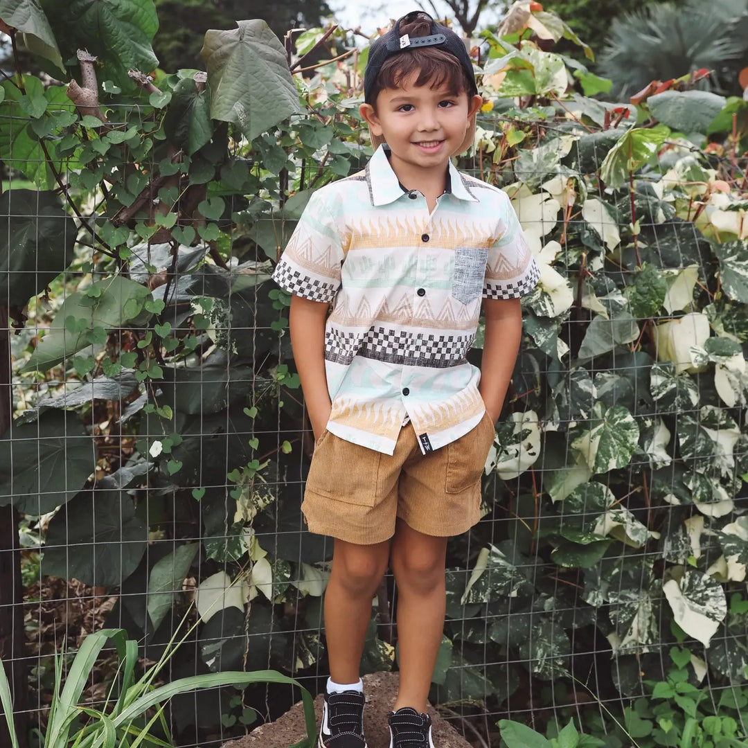 Tiny Whales – Retro Lightning Bolt Shorts in Tan Corduroy