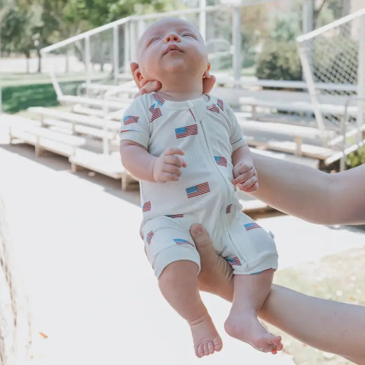 Forever French Baby - Shortie Bamboo Zip Onesie in Americana Ribbed