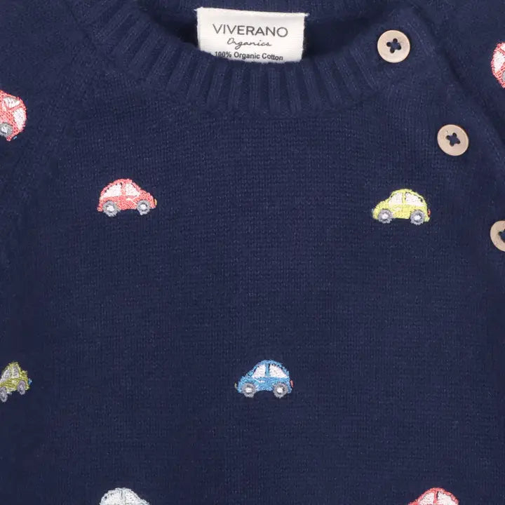 Viverano Organics – Embroidered Baby Button Cardigan in Mini Beetle Cars